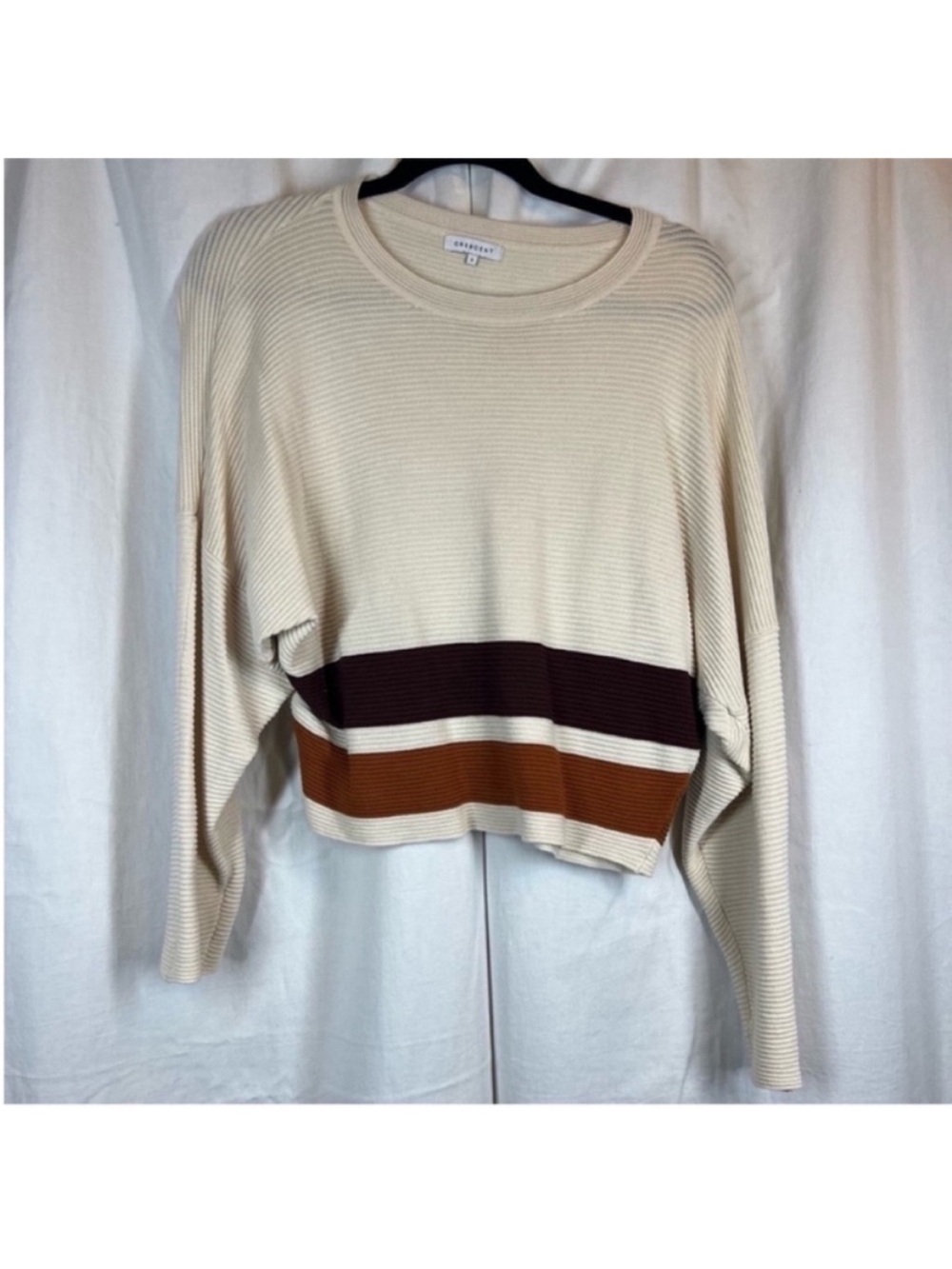 Crescent colorblock ribbed knit pullover sweatshirt neutral stretch